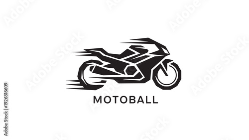 A sleek black motorcycle logo in motion with MOTOBALL text below, perfect for sports and automotive branding.