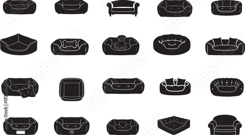 
Dog Bed Silhouette Vector Bundle with Pet Cushion and Basket Icons
