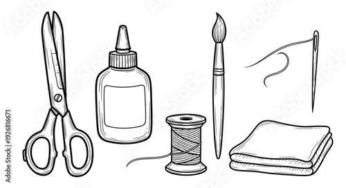 Crafting Essentials - Scissors, Glue, Brush, Thread, Needle, and Fabric.