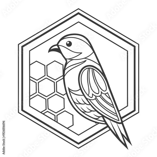 Stylized Bird and Honeycomb Hexagon Emblem - Outline Vector Art