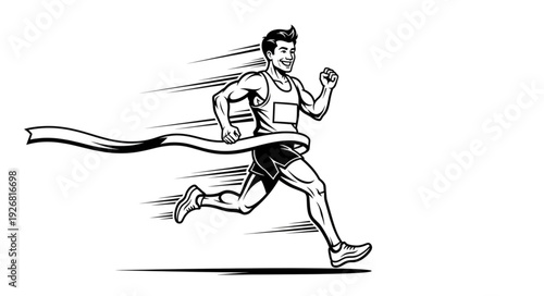 Victorious runner crossing the finish line with determination and joy, winning the race.