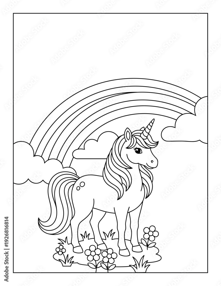 Fototapeta premium Coloring page of a cute unicorn character standing on a cloud among twinkling stars