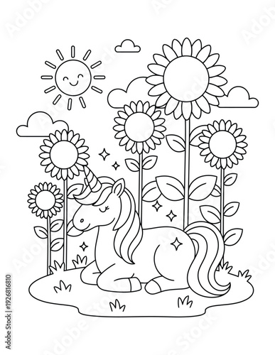 Coloring page of a cute unicorn character sitting in a field of flowers under a smiling sun