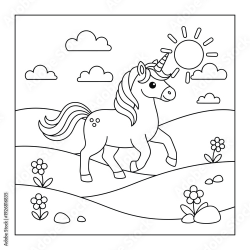 Coloring page of a cute unicorn character standing in a garden with mushrooms and a smiling sun