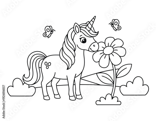 Coloring page of a cute unicorn character standing in a garden with mushrooms and a smiling sun