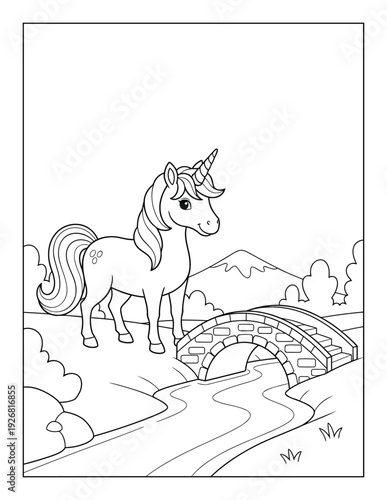 Coloring page of a cute unicorn character sitting in a field of flowers under a smiling sun