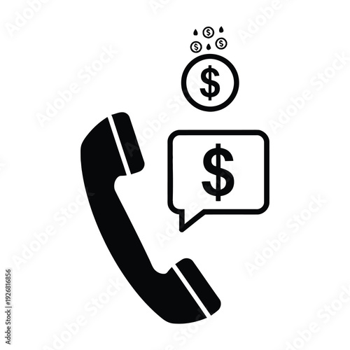 Modern flat design illustration of a telephone receiver symbolizing financial consultation or customer service payment inquiry with floating currency icons and speech bubble