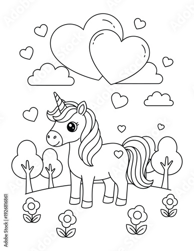 Coloring page of a cute unicorn character standing in a garden with mushrooms and a smiling sun