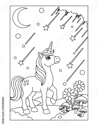 Coloring page of a cute unicorn character standing in a garden with mushrooms and a smiling sun