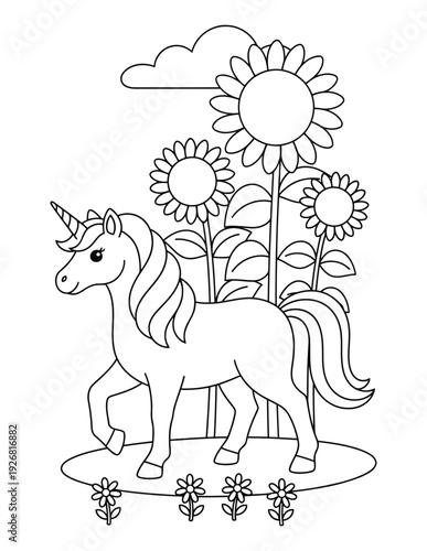 Coloring page of a cute unicorn character standing in a garden with mushrooms and a smiling sun