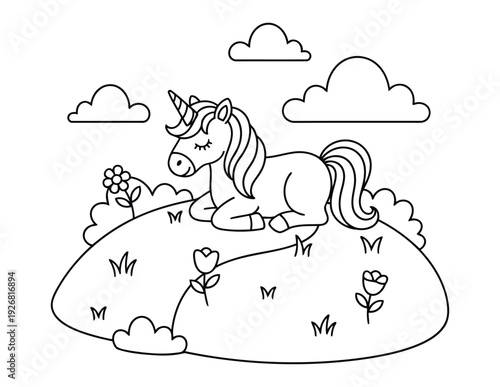 Unicorn coloring book page with a cute mythical creature resting in a flower garden