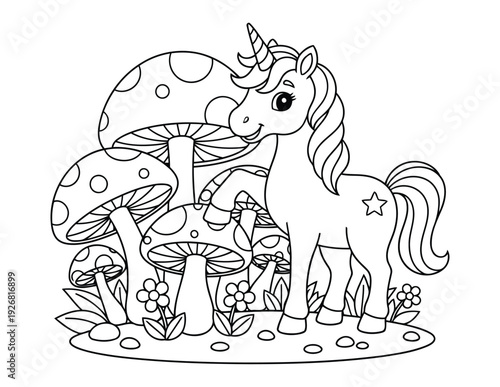 Unicorn coloring book illustration with a magical creature standing among mushrooms