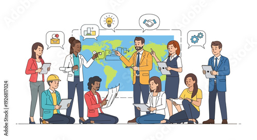 Diverse team collaborating on global project with digital devices