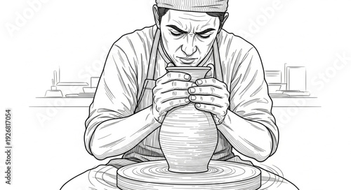 Potter intently focuses on shaping clay vessel on spinning pottery wheel.