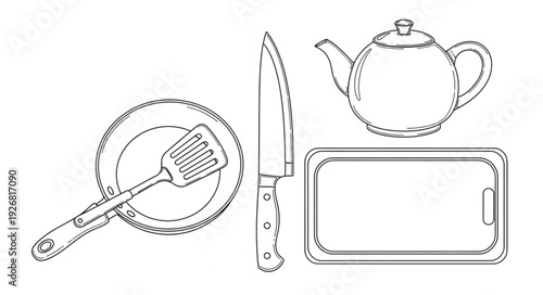 Kitchen utensils and tools for cooking and preparing food on a white background.