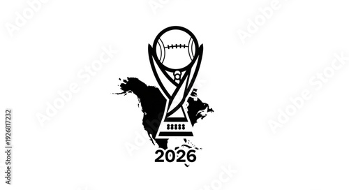 Symbolic representation of the 2026 World Cup trophy with a map silhouette.