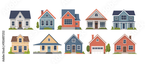 Isolated cartoon houses, set featuring simple suburban homes, ideal for real estate concepts, property ownership themes, residential neighborhoods, and architectural illustration.