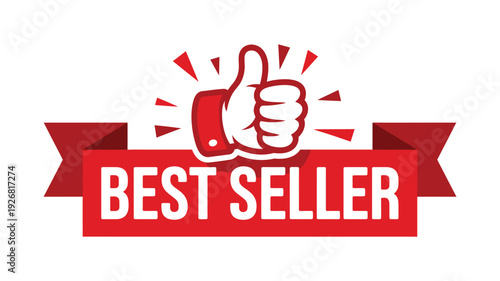 Advertising best seller sticker, with red thumbs up icon, promotional label vector isolated on transparent background, ideal for retail marketing, product packaging, online shops, and sales campaigns
