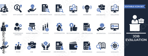 Job Evaluation Icon  Set. Systematic job analysis, evaluation, information, ranking, recommendation, market analysis, assessment icon. Solid vector icon collection.