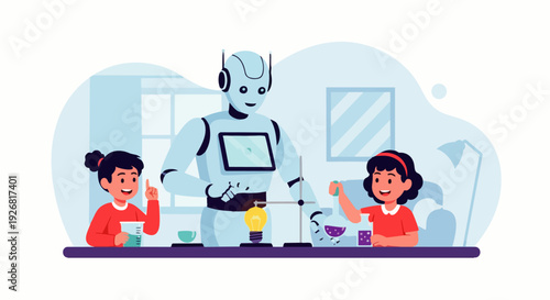 Flat vector illustration of an AI robot guiding children through a simple science experiment at home. Concepts of artificial intelligence, science, and human-robot interaction.