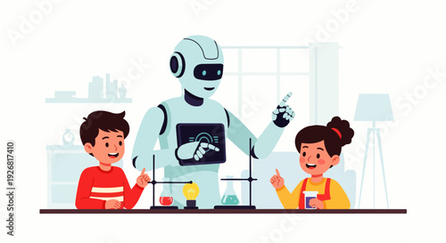 Flat vector illustration of an AI robot guiding children through a simple science experiment at home. Concepts of artificial intelligence, science, and human-robot interaction.