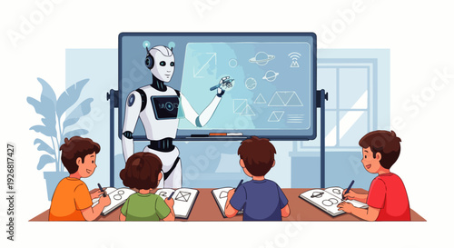 Flat vector illustration of a friendly AI robot teaching children at home using holograms. Concepts of artificial intelligence, science, and human-robot interaction.