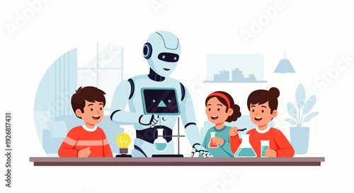 Flat vector illustration of an AI robot guiding children through a simple science experiment at home. Concepts of artificial intelligence, science, and human-robot interaction.