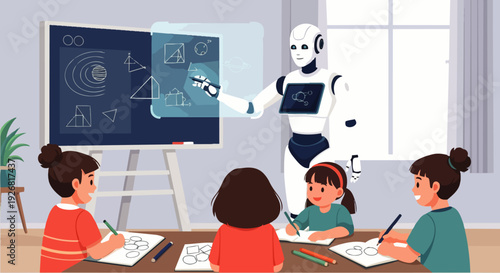 Flat vector illustration of a friendly AI robot teaching children at home using holograms. Concepts of artificial intelligence, science, and human-robot interaction.