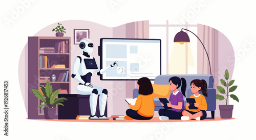 Flat vector illustration of a friendly AI robot teaching children at home using a large digital screen. Concept of artificial intelligence, science, and human-robot interaction.