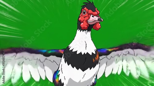 Animated Rooster Flapping Wings on Green Background.