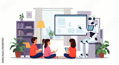 Flat vector illustration of a friendly AI robot teaching children at home using a large digital screen. Concept of artificial intelligence, science, and human-robot interaction.