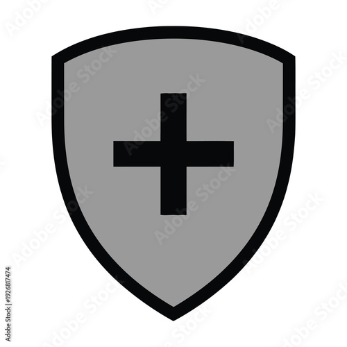 Minimalist shield emblem featuring a bold central cross symbol for corporate logos religious iconography or heraldic designs in sleek monochrome gray and black tones