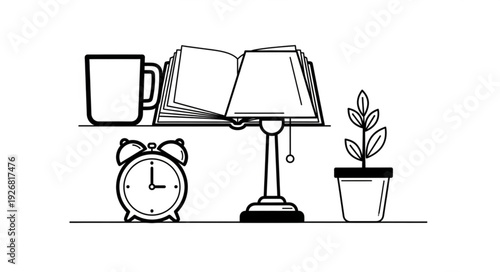 Cozy reading nook illustration featuring a lamp, book, mug, plant, and alarm clock.