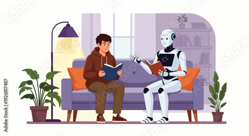 Flat vector illustration of a friendly AI robot helping a student study and read a book together on a couch. Concepts of artificial intelligence in education and human-robot interaction.