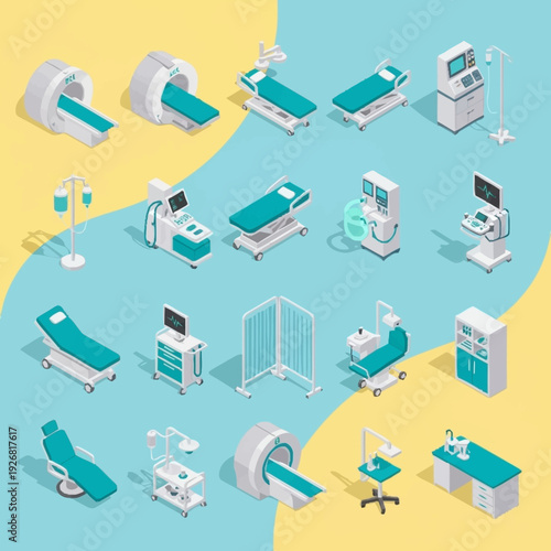 Hospital Equipment and Medical Devices in Isometric View.