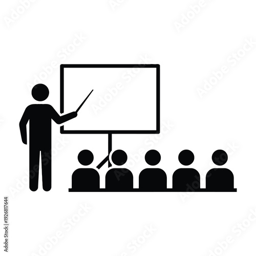 Professional presenter delivering engaging lecture to attentive audience in modern conference setting with sleek whiteboard and minimalist design