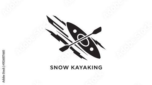 Professional snow kayaking logo featuring a dynamic kayak and paddles in black on a white background, ideal for adventure and outdoor brands.