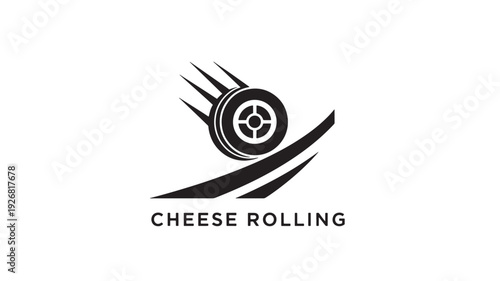 A dynamic logo featuring a wheel with motion lines and the text 'Cheese Rolling' in black on a white background, symbolizing energy and movement.