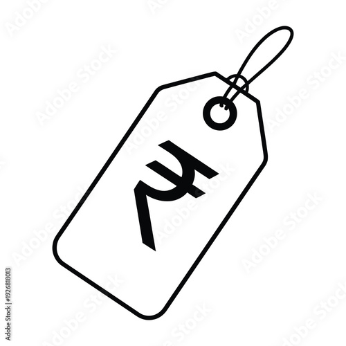 White price tag with rupee symbol hanging on a plain background minimalist design for sale or discount concepts