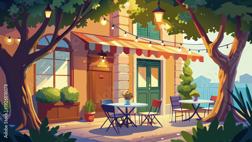 Very beautiful hand drawn line art illustration of an outdoor cafe with romantic table setting beneath a tree in cozy atmosphere.
