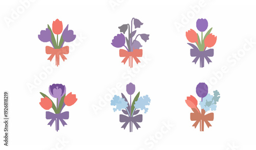 Preppy Spring Flower Bouquets with Ribbon Bows Minimal Flat Floral Vector Clip Art Isolated on White