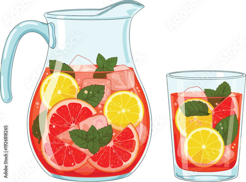 Fruit infused drink, pitcher with lemon, grapefruit, mint leaves, ice cubes, refreshing beverage, summer hydration, healthy wellness lifestyle vector illustration