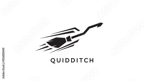 A sleek black and white logo featuring a Quidditch broomstick in motion, symbolizing fantasy sports and magical adventure.