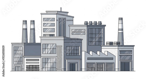 Industrial complex illustration showcasing various factory buildings and structures in a detailed design.