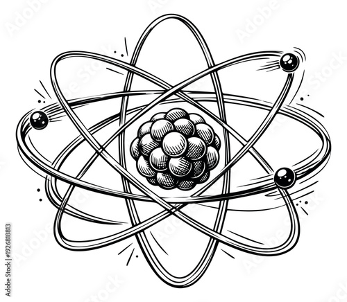 Line art illustration of an atomic model depicting electrons orbiting a nucleus for physics education