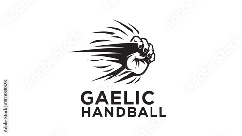 Black and white logo featuring a clenched fist holding a handball with dynamic motion lines, representing Gaelic handball sport.