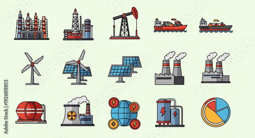 Diverse energy production and industrial infrastructure icons representing various sectors.