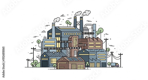 Industrial complex illustration depicting factories, chimneys, and power lines, a detailed artwork.