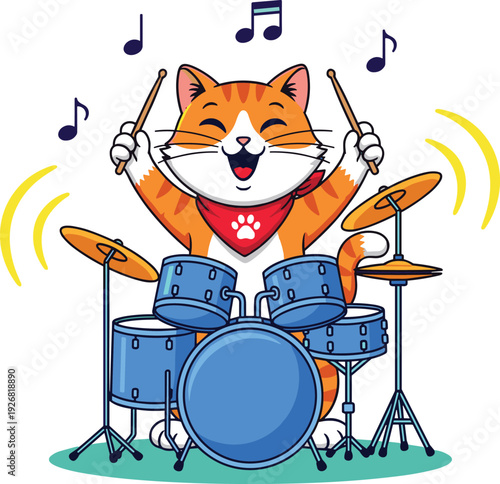 Funny Cartoon Cat Playing Drums with Great Energy, Cute Vector Illustration of Music, Rock Band, Animal Musician, Hobby, and Happy Performance