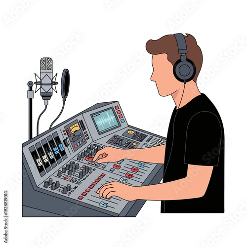 Music producer working on soundboard with microphone and headphones